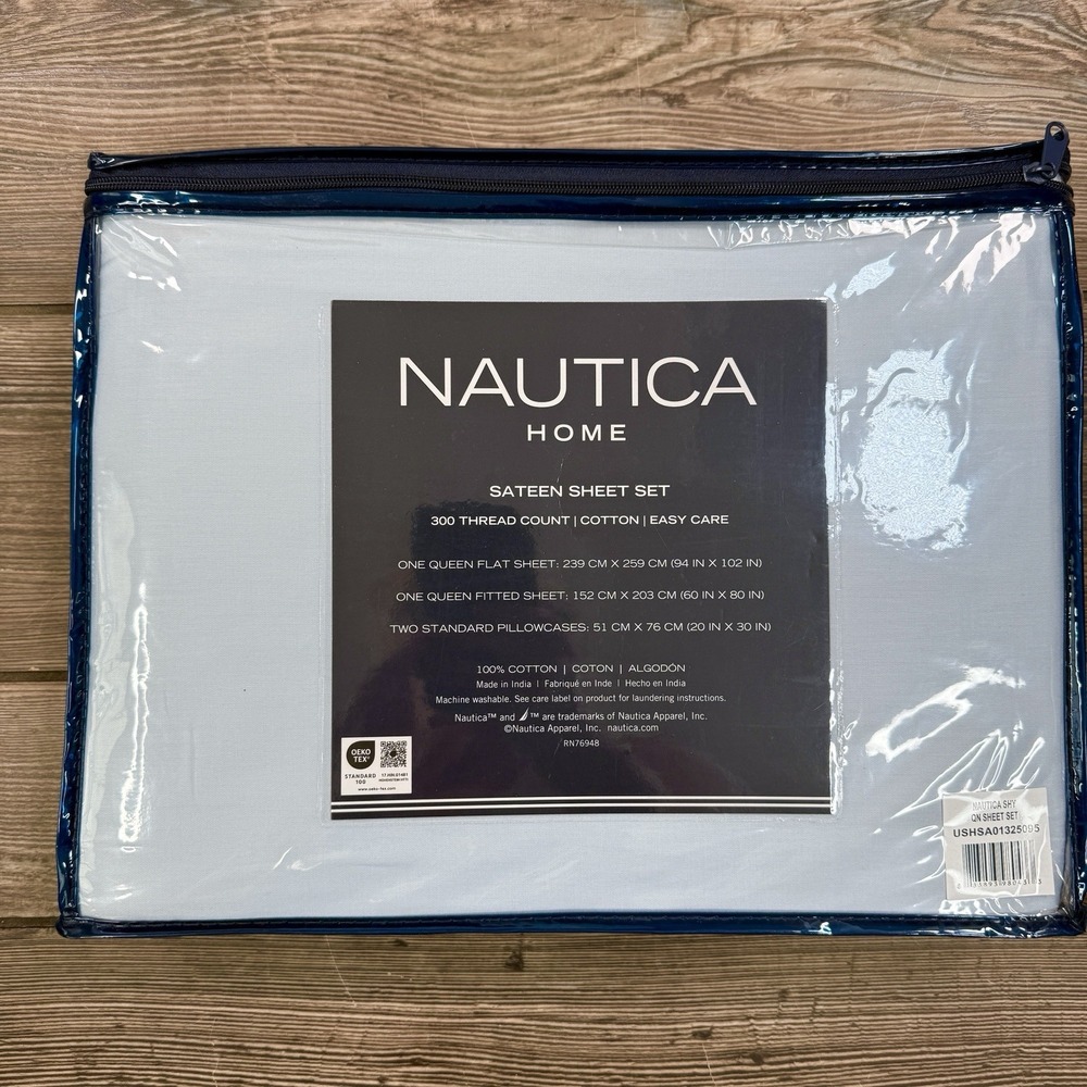 Nautica 4-Piece Queen Sheet Set 100% Cotton 300 Thread Count Solid Blue NEW - Picture 3 of 5